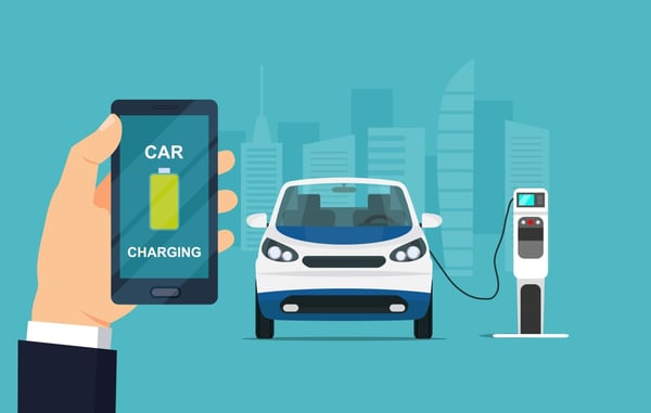 cartoon hand holding phone showing car charging at EV charging station 267622106