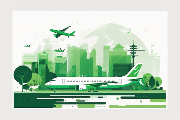 Green airport with airplane in forefront showing a green, sustainable airport 569510400