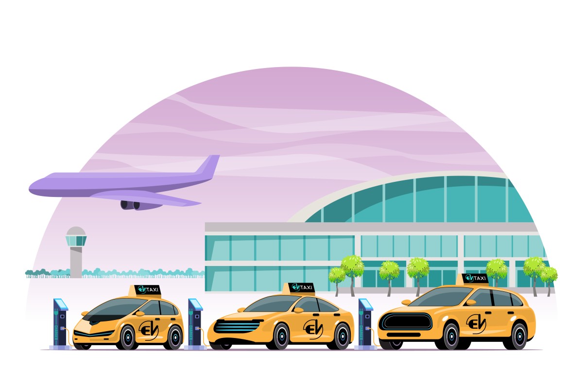 Airport EV charging with EV Ride share cars charging at stations with airplane in background  579454887