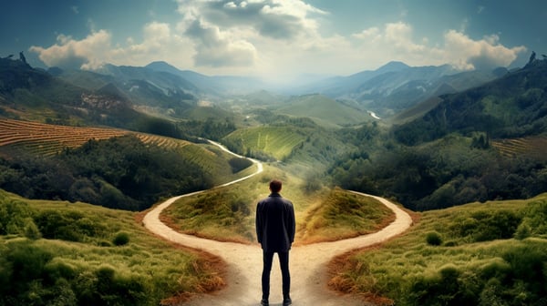 Man stands at a fork in the road with a road leading off into a horizon with mountains 666269203