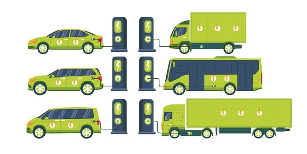 Cartoon image of a mix of EVs, from trucks to cars, all charging 702635807