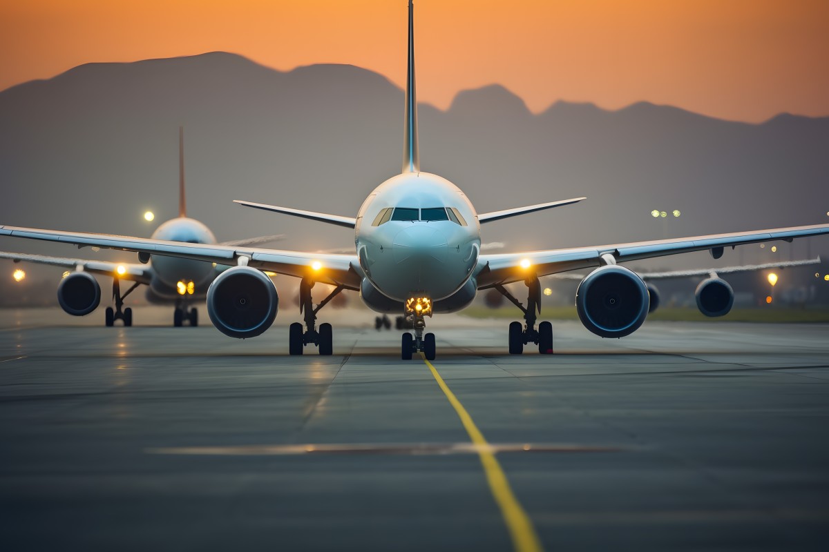 Front view of airplane on runway with mountains and sunset behind  726846384
