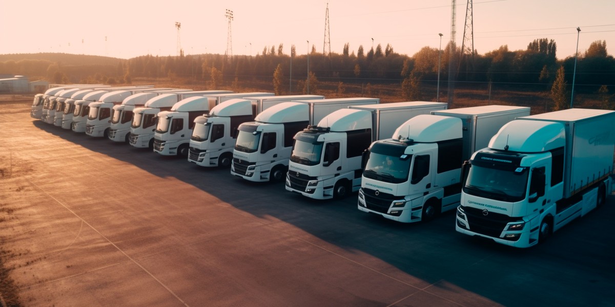 Fleet of white EV trucks _596466084